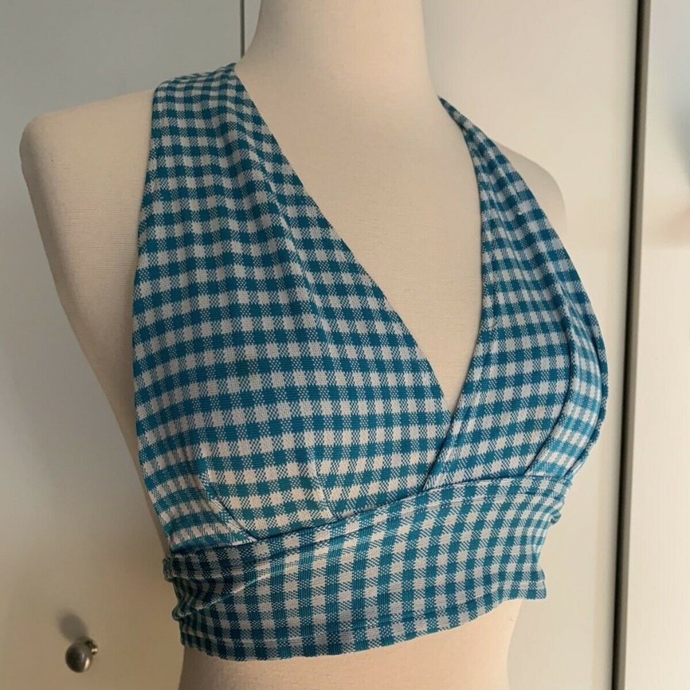 Vintage 1970s Gingham Tie Halter Crop Top